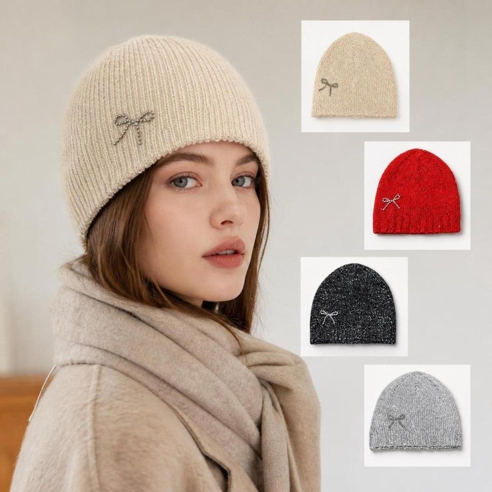 Rhinestone Bow Decor Skull Cap Hat Lightweight Warm Lining Sparkly Beanie Hat Daily Wear