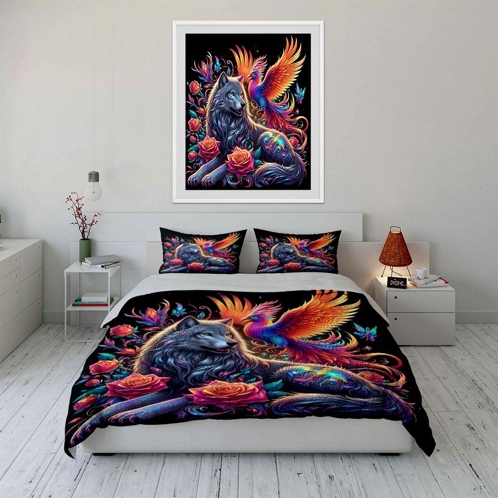 3Pcs Wolf and Phoenix Bedding Set, Vibrant Mythical Print Duvet Cover + 2 Pillowcases, Fantasy Animal Decor