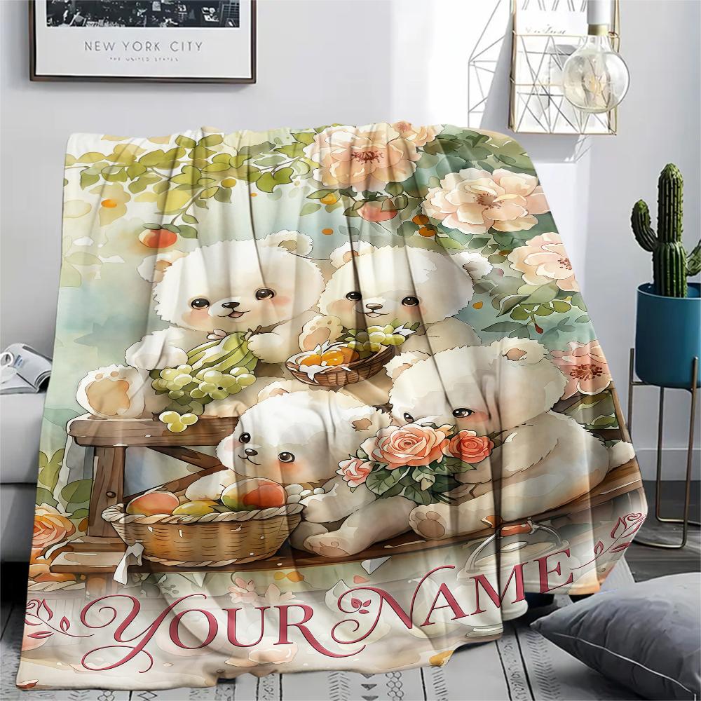 1PC Custom Name Floral Bears Harvest Patterned Flannel Blanket Suitable For All Seasons for Home Decor Warmth and Comfort Gifts Holiday Present_lx