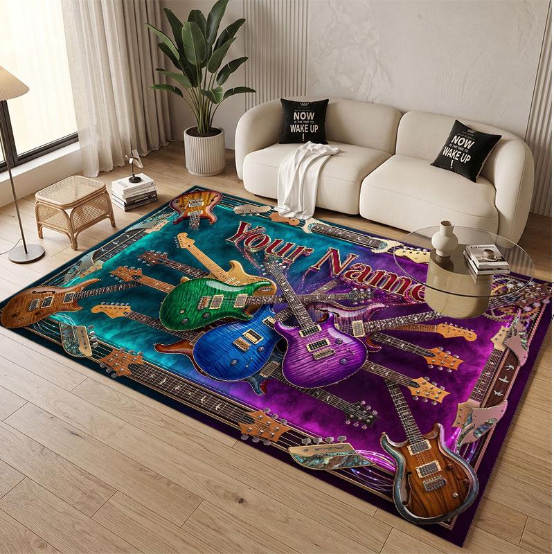 Music Guitar Theme Soft Crystal Velvet Rug Custom Name & Text Print Non Slip Floor Rug for Bedroom Living Room