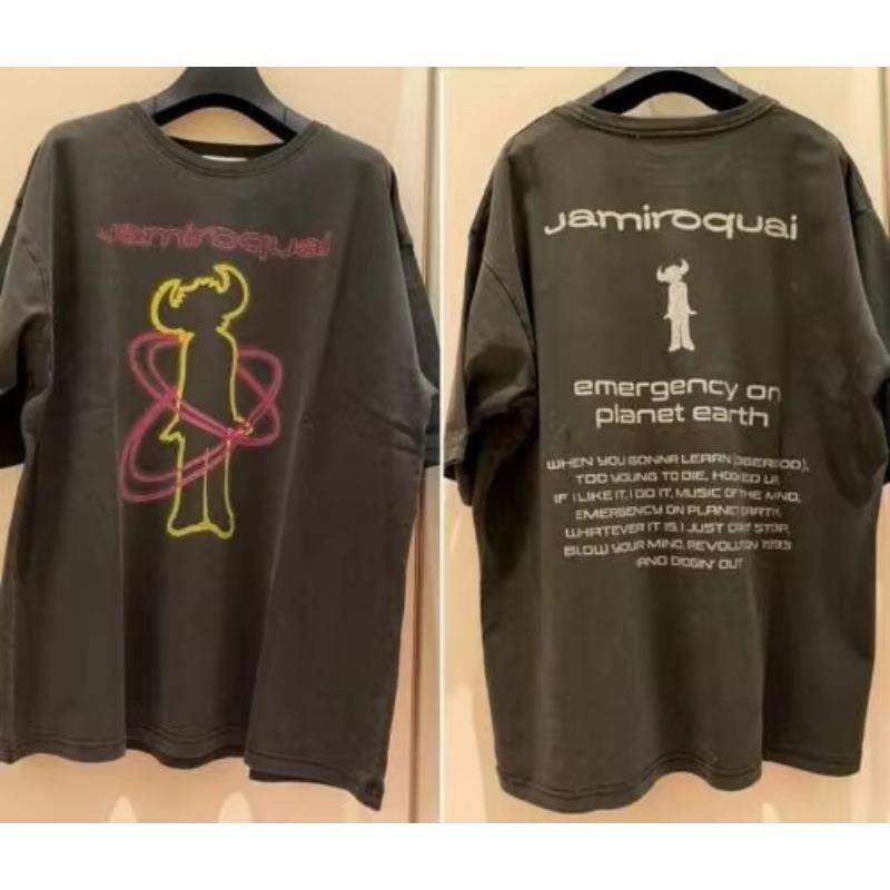 Футболка Jamiroquai с графикой группы Унисекс Винтажная Стирка Угольно-Черный Хлопок Короткий Рукав Оверсайз Круглый Вырез Y2K Эйсид-Джаз Фанк Уличная Одежда Лето