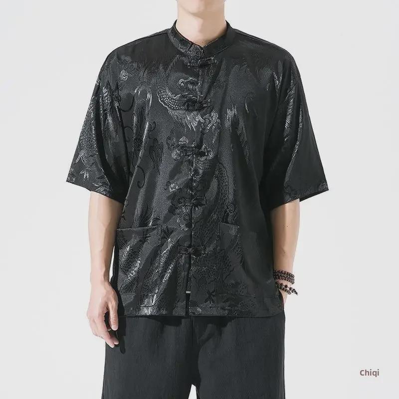 Pattern Chinese Style Dragon Mens Ice Silk Tang Shirt Short Sleeves Loose Fit