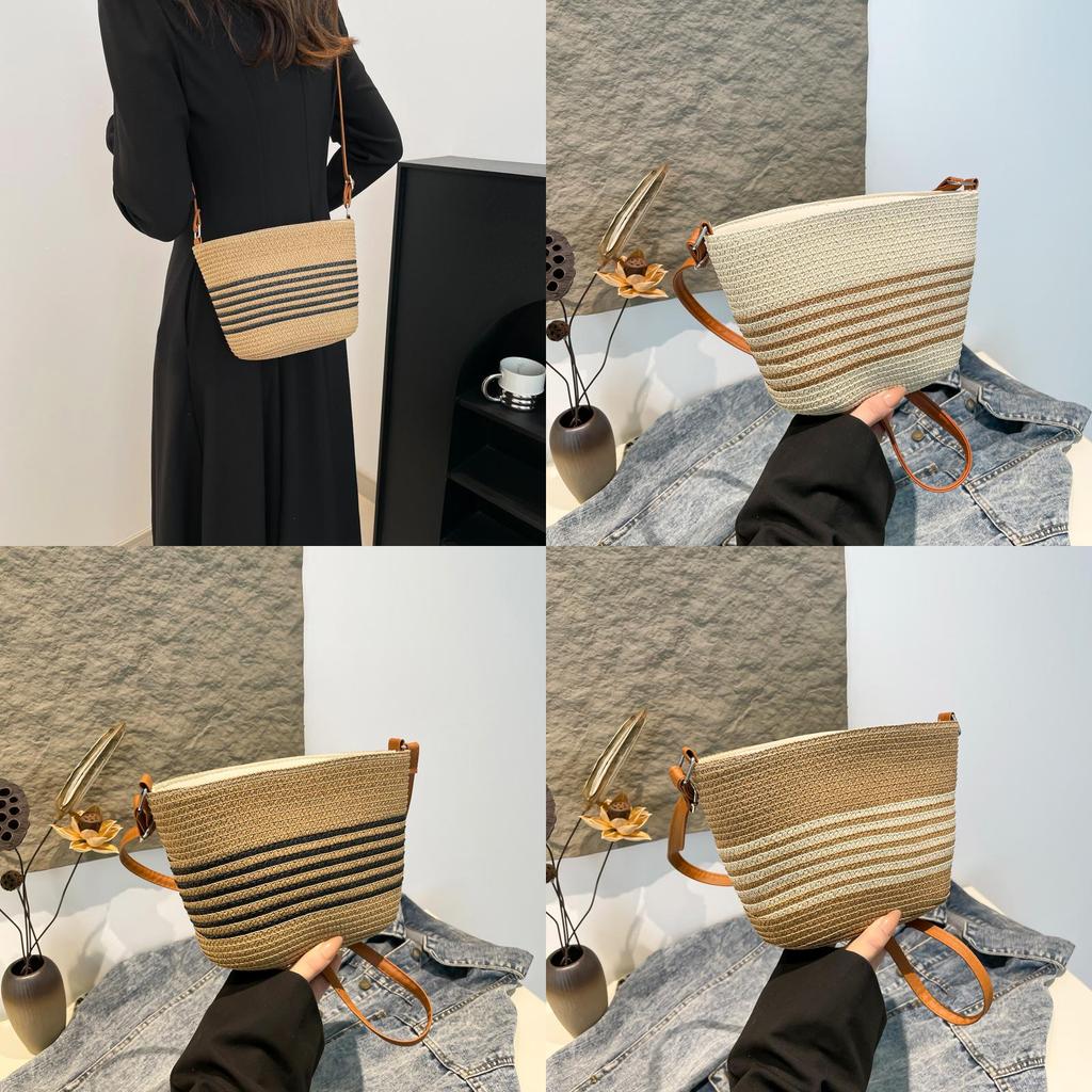 French Retro Woven Shoulder Bag For Women With Pu And Straw Material Perfect For Beach And Vacation