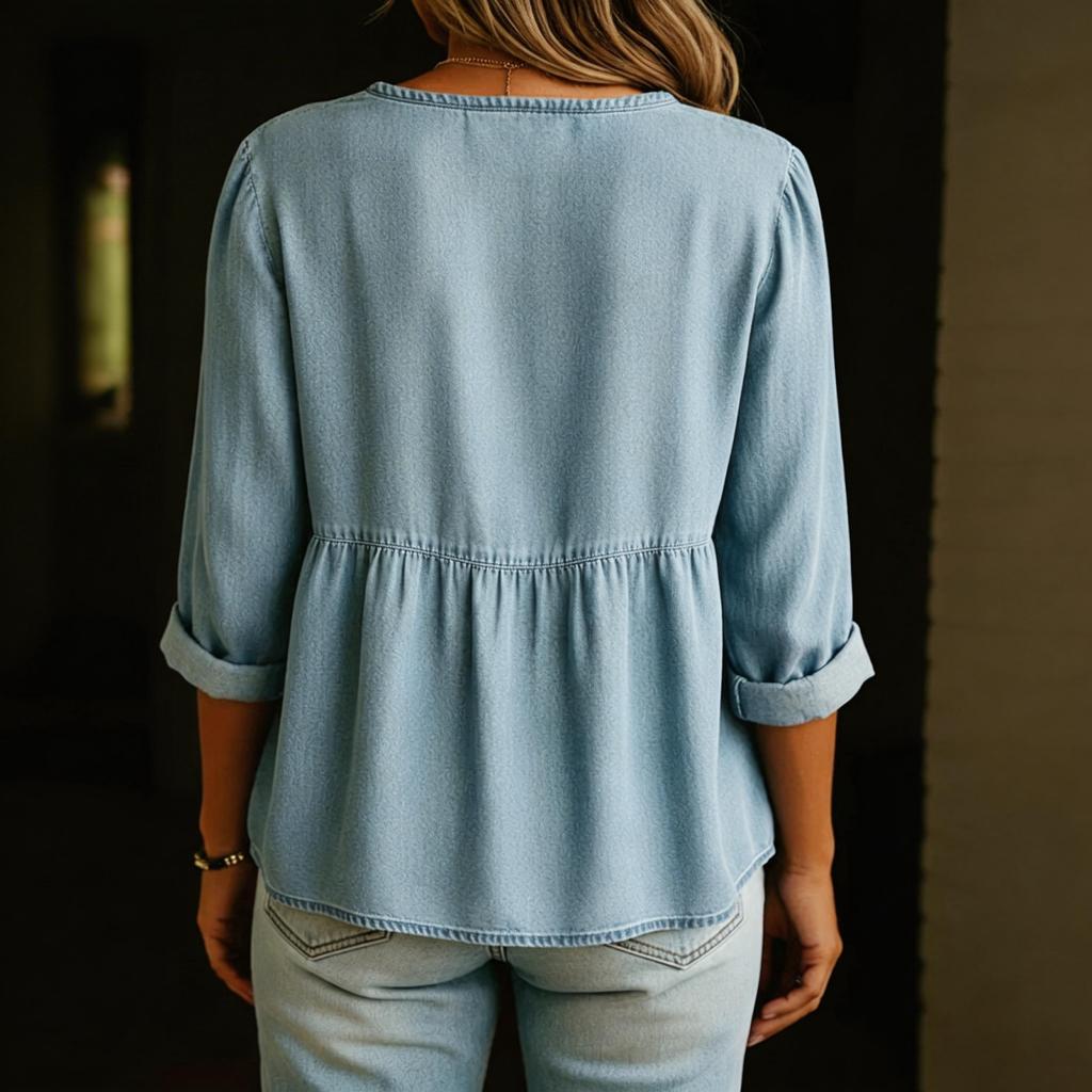 Women’s Loose Fit Denim Button Down Blouse Long Sleeve Casual Peplum Top with V Neck and Front Pocket Design