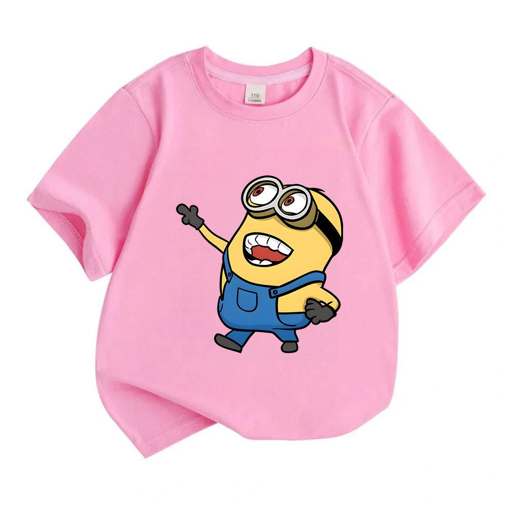 Kids Boys Girls 100% Cotton O-neck Short Sleeve T-Shirt, Cute Cartoon Yellow Minion Character Print Casual Soft Breathable Summer Daily Tee Tops for C