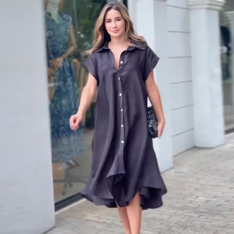 Летнее женское повседневное однотонное платье-рубашка на одной пуговице