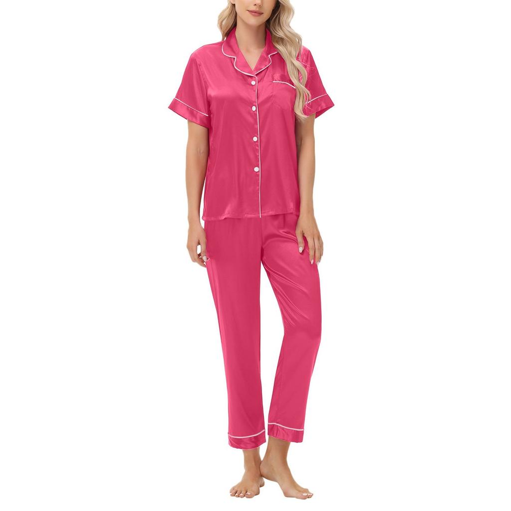 Ice Silk Satin Suit Short Sleeves And Long Pants Plus Size Ladies Home Clothes