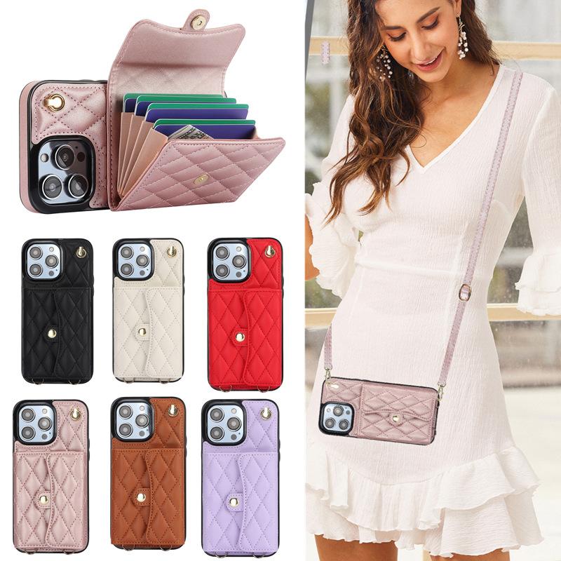 Long Strap Card Holder Phone Case for IPhone 16 Pro Max 16e 15 Plus 14 13 Mini 11 12 7 8 XS XR SE 2 3 Leather Protective Cover