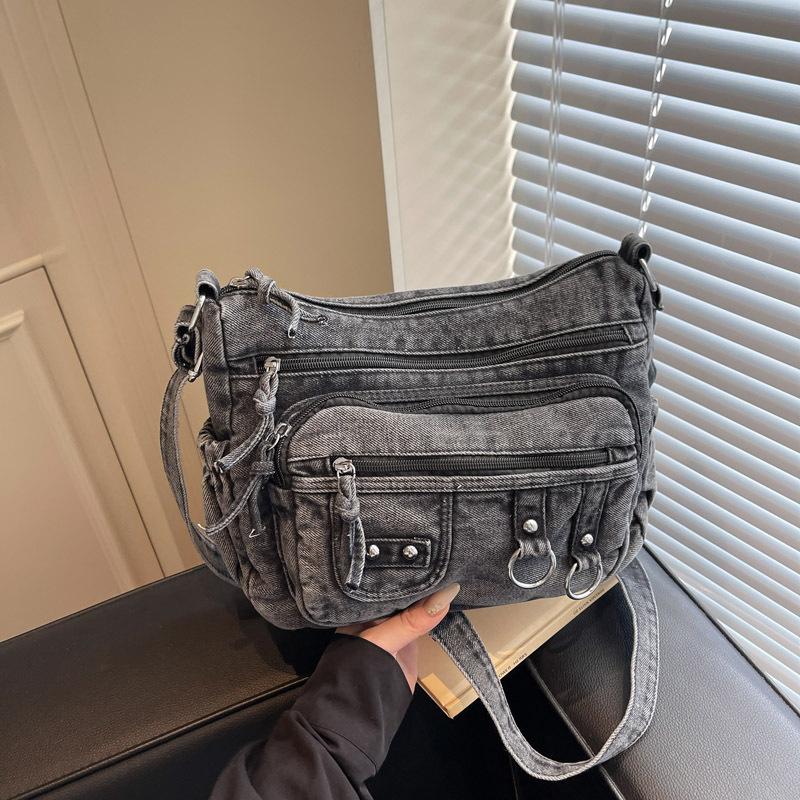Vintage washed denim bag multi-pocket commuter practical shoulder messenger bag tote bag 2025 new bag