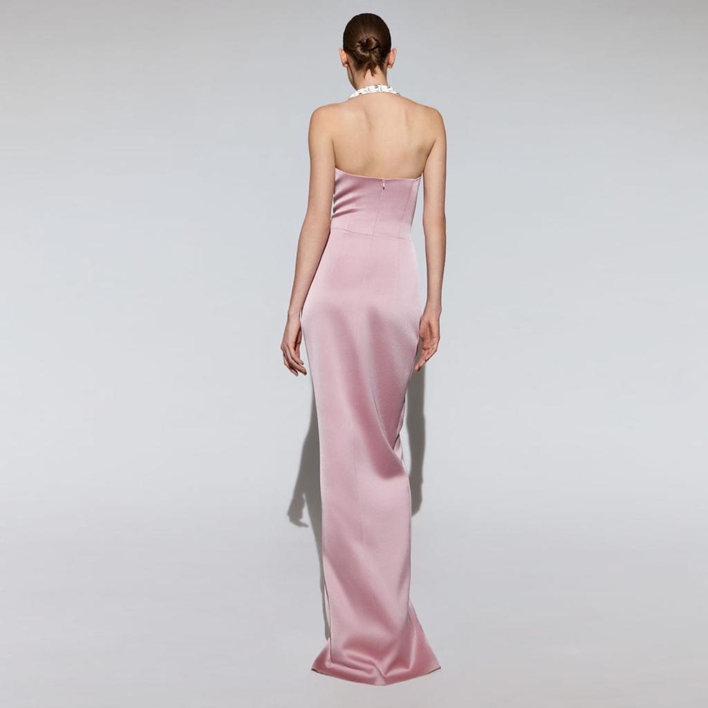 Новое платье женская одежда новый воротничок ведущий банкет тонкий подружка невесты юбка атласное платье