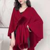 Women Cloak Shawl V-neck Solid Color Plush Ball Decor Cross Design Warm
