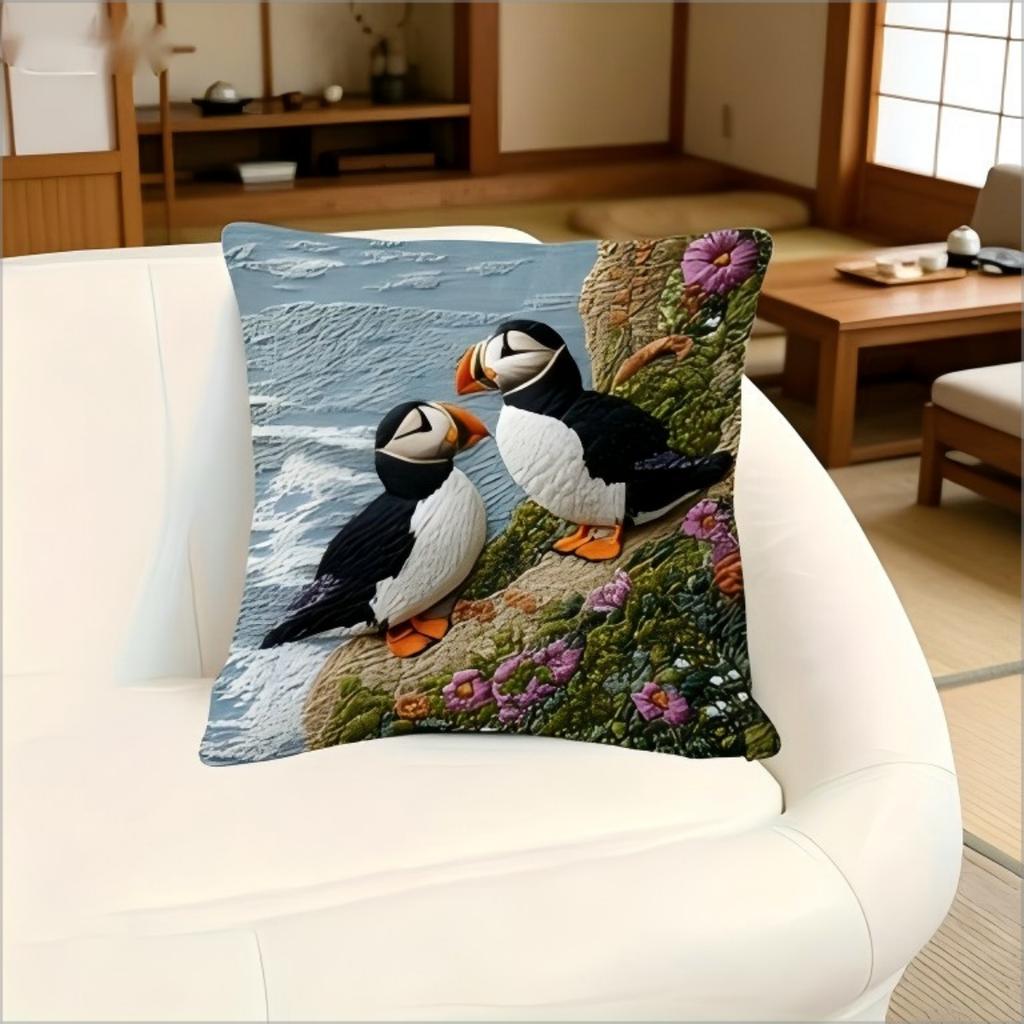 Cute Puffin Faux Embroidery Style Throw Pillow Cover Seaside Puffins & Flowers Decorative Pillow Case For Home Decor