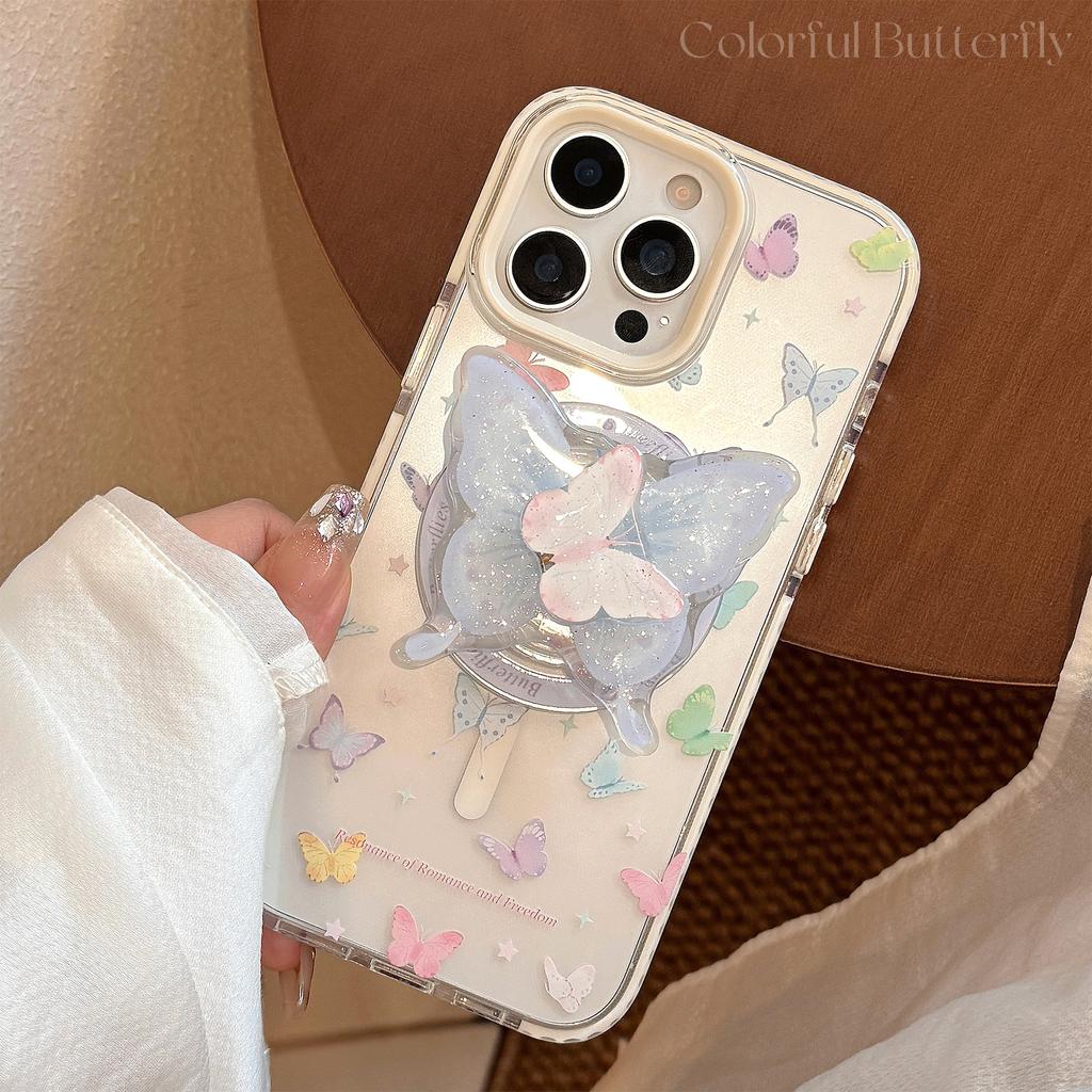 Свежий Красочный Бабочка 16promax Прозрачный Чехол для Мобильного Телефона iPhone 15 Подходит для 13 Вращающийся Магнитный Кронштейн