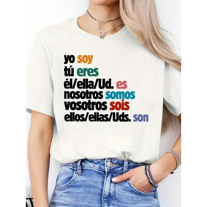 Women's Casual Spanish Letter Print Round-Neck Short-Sleeve Sports T-Shirt for Spring And Summer