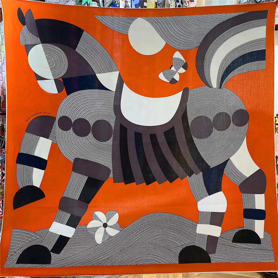 POBING Silk Cashmere Scarf Women Hand Rolled Horse Print Square Scarves Wraps Bandana Big Hijabs Female Foulard 135CM