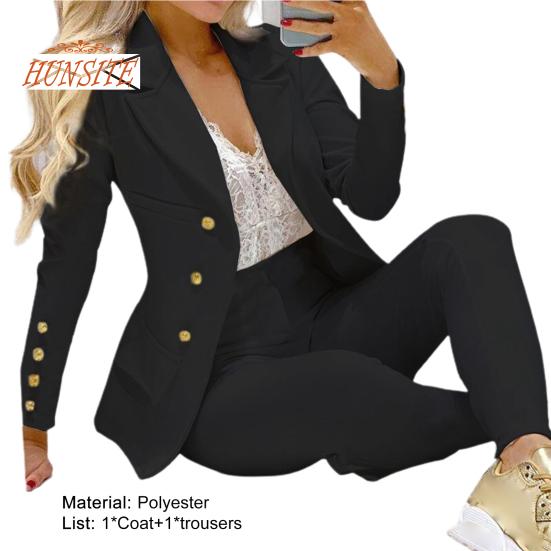 2 Pcs/Set Lady Business Suit Turn-down Collar Solid Color High Waist Single-breasted Ankle-banded Pants Suit for Work