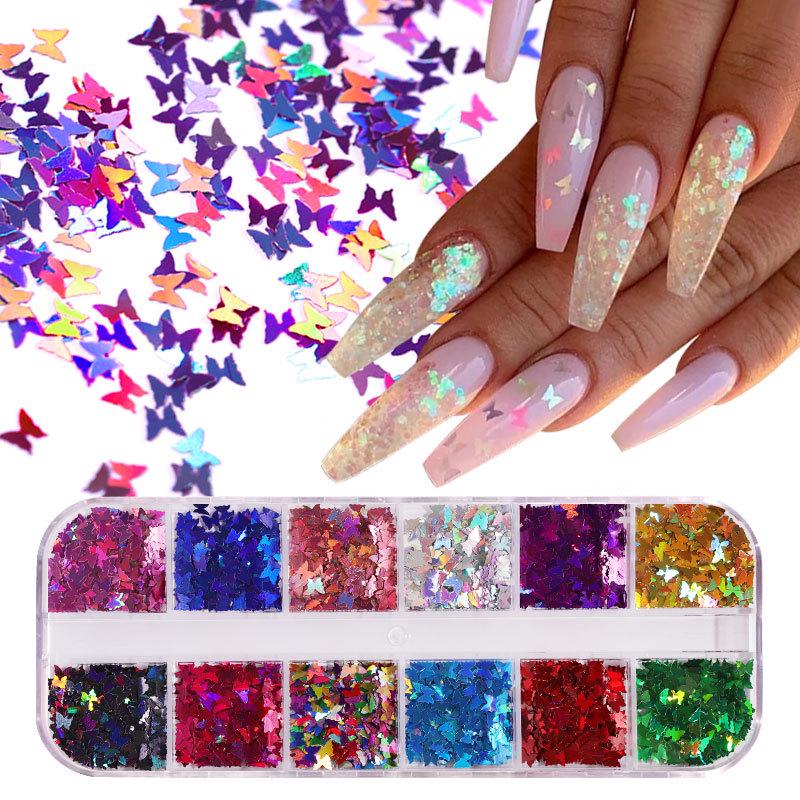 12-Color Mixed Nail Art Sequins, Laser Symphony Star Butterfly Fluorescent Diy Nail Art Decorative Sequins