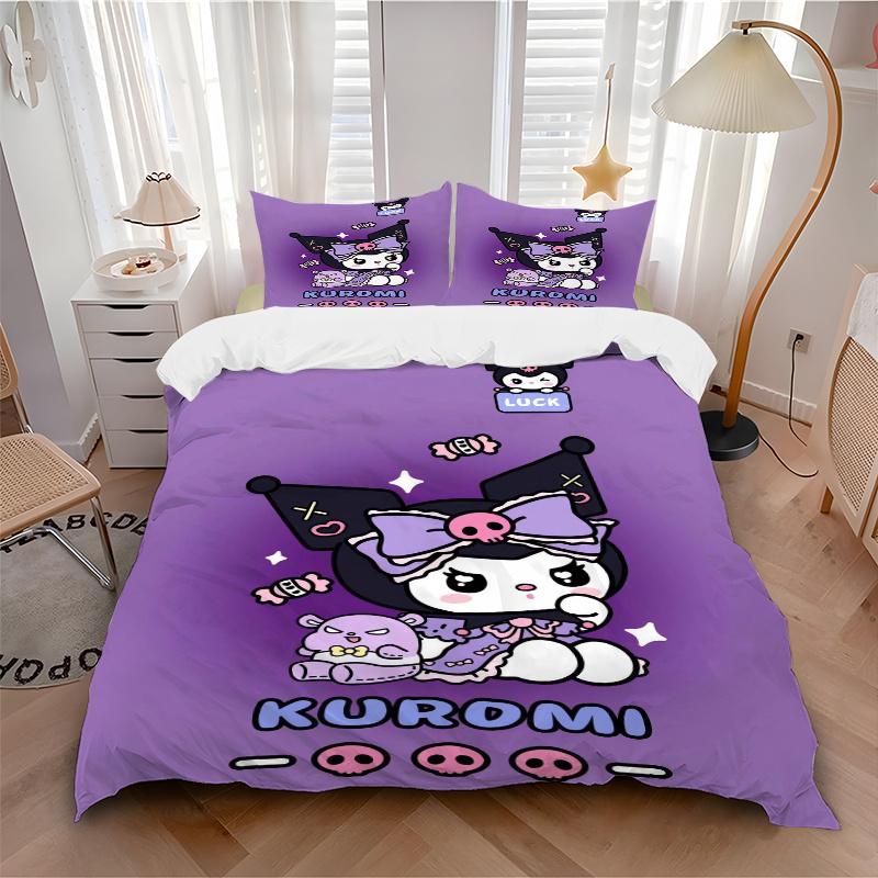 3 шт. Набор постельного белья с принтом Kuromi Sanrio 'Удача' (1 Пододеяльник + 2 Наволочки, Без Наполнителей), Мягкий и удобный W058