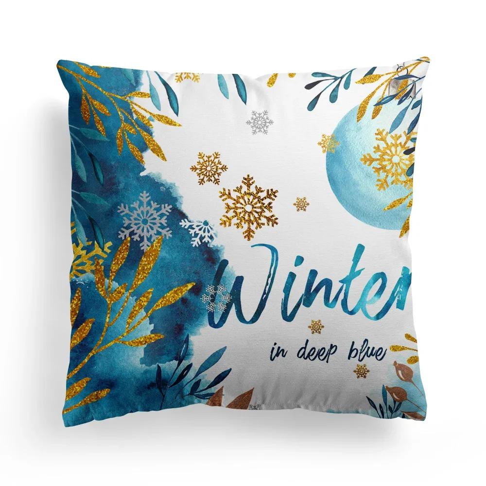 Home Decoration Christmas Blue Elk Plant Pillow House Polyester Cushion Cushion Decoración Navideña Funda De Almohada