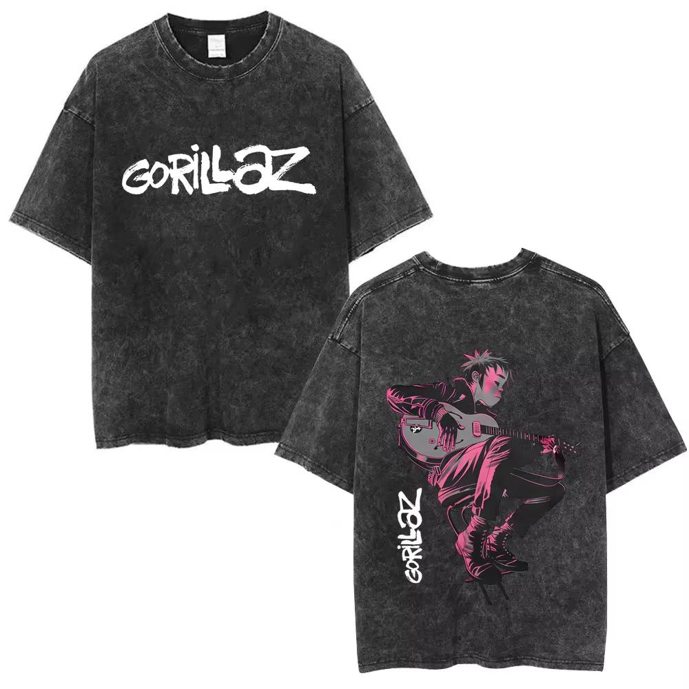 Washed Vintage Rock Band Gorillaz Album Graphic T-shirt Men's Women Hip Hop Fashion Oversized T Shirts Male Cotton Streetwear