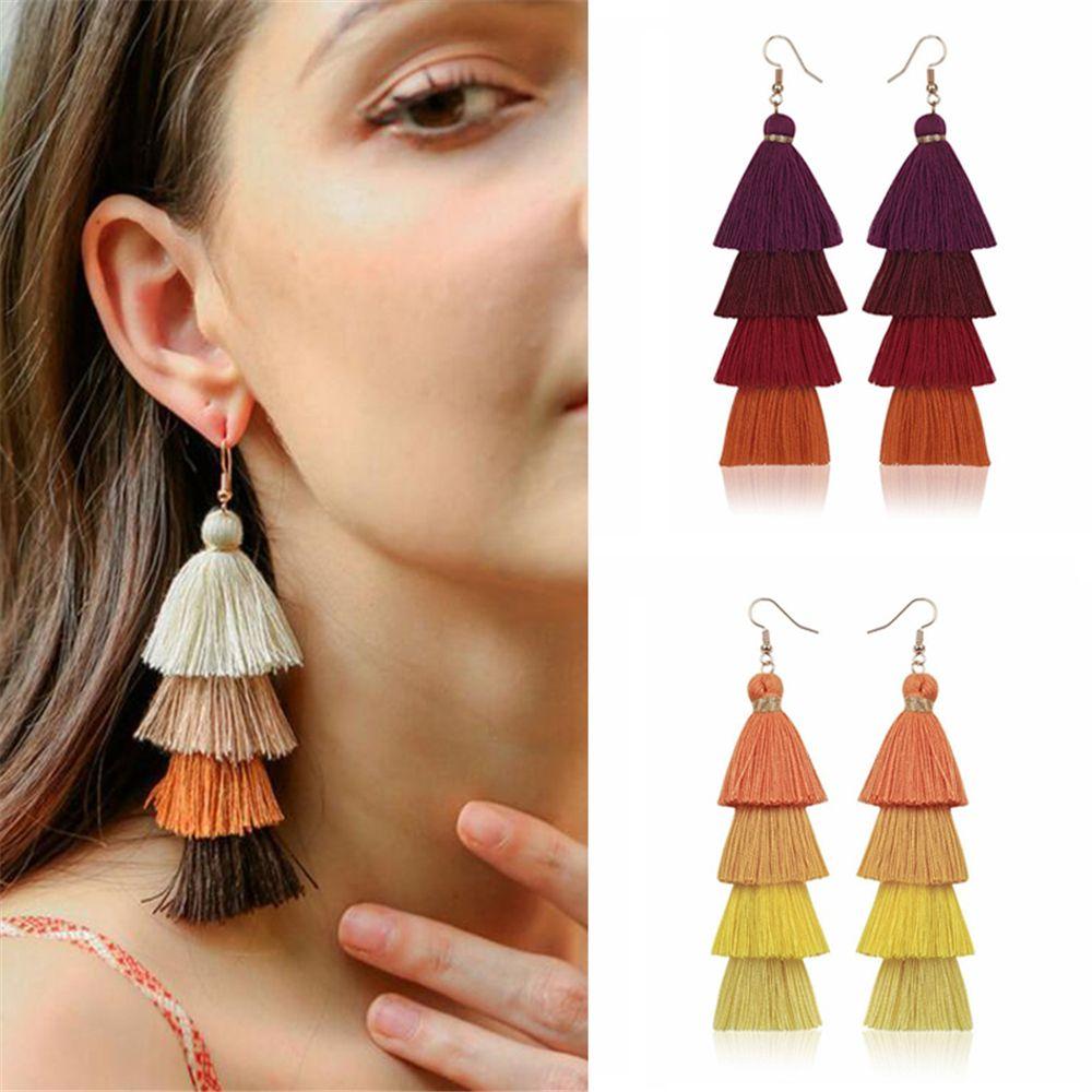 Stud Silk Fabric Boho Gradient Dangle Drop Earrings Multilayer Drop Long Tassel Earrings Bohemian