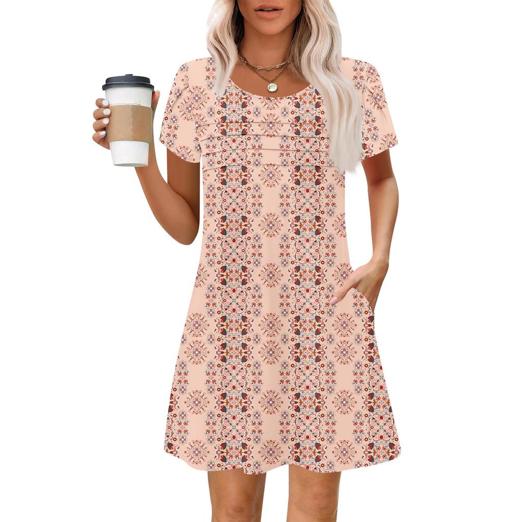 Women's Summer Casual Petal Slim Stripe Pleated Solid Color Dresses