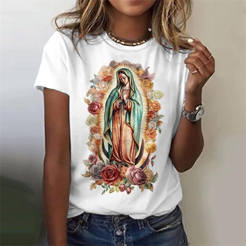 Virgin Mary Pattern T-Shirt For Women Sacred Christianity 3D Print T Shirts Summer Fashion Street Tees Short Sleeves O-Neck Tops