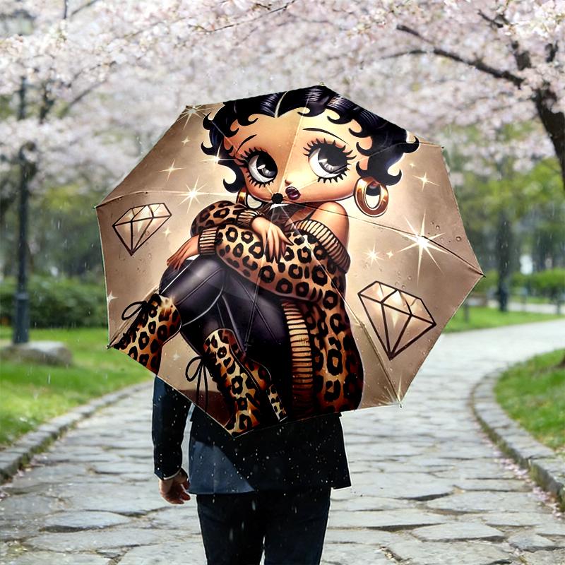 1pc Sturdy 8-Bone Auto Umbrella, Betty Boop Umbrella, Digital Printed, Foldable Umbrella for On-the-Go Outdoor Use