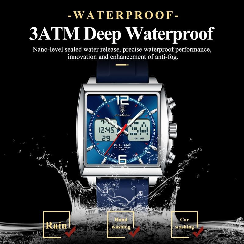 POEDAGAR Luxury Top Man Watch Electronic Square LED Alarm Chronograph Watches Week Date Dual Time Display Quartz Clock