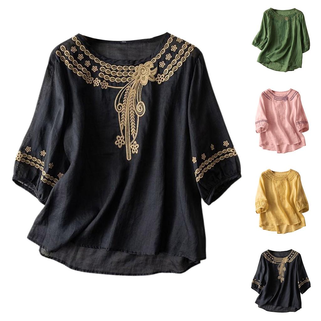 Women's Solid Color Cotton And Linen Short-sleeved Embroidered Retro Breathable T-shirt Round Neck Top