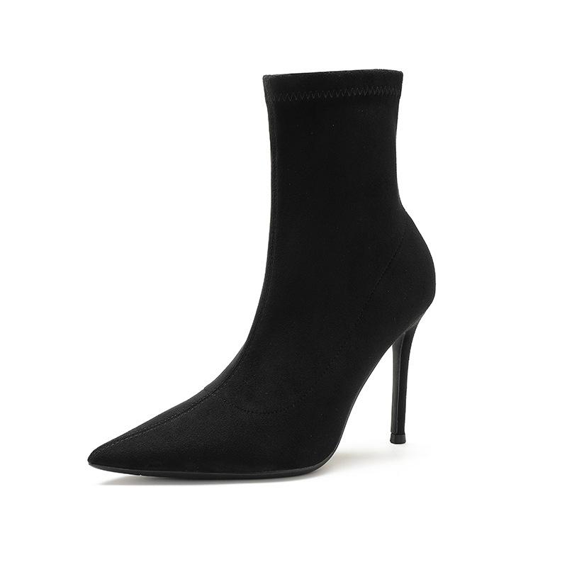 Autumn and winter high-heeled short boots women's elastic thin boots thin heel pointed short tube apricot single boots