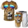 Забавный принт льва мужские шорты комплект мода свободный комплект футболки уличный спорт шорты с коротким рукавом 2 шт топы мужская летняя одежда