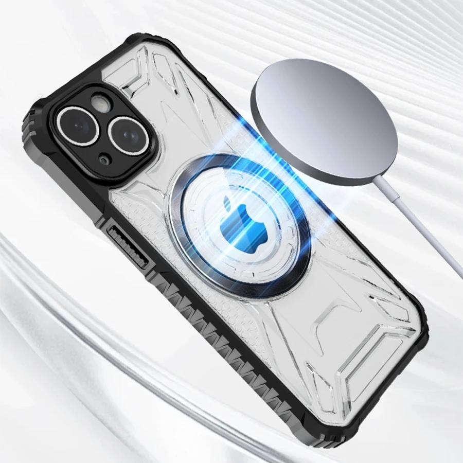 Магнитный беспроводной зарядный прозрачный чехол для iPhone 16 Pro Max 15 14 13 12 11 нескользящий ударопрочный полный объектив задняя крышка