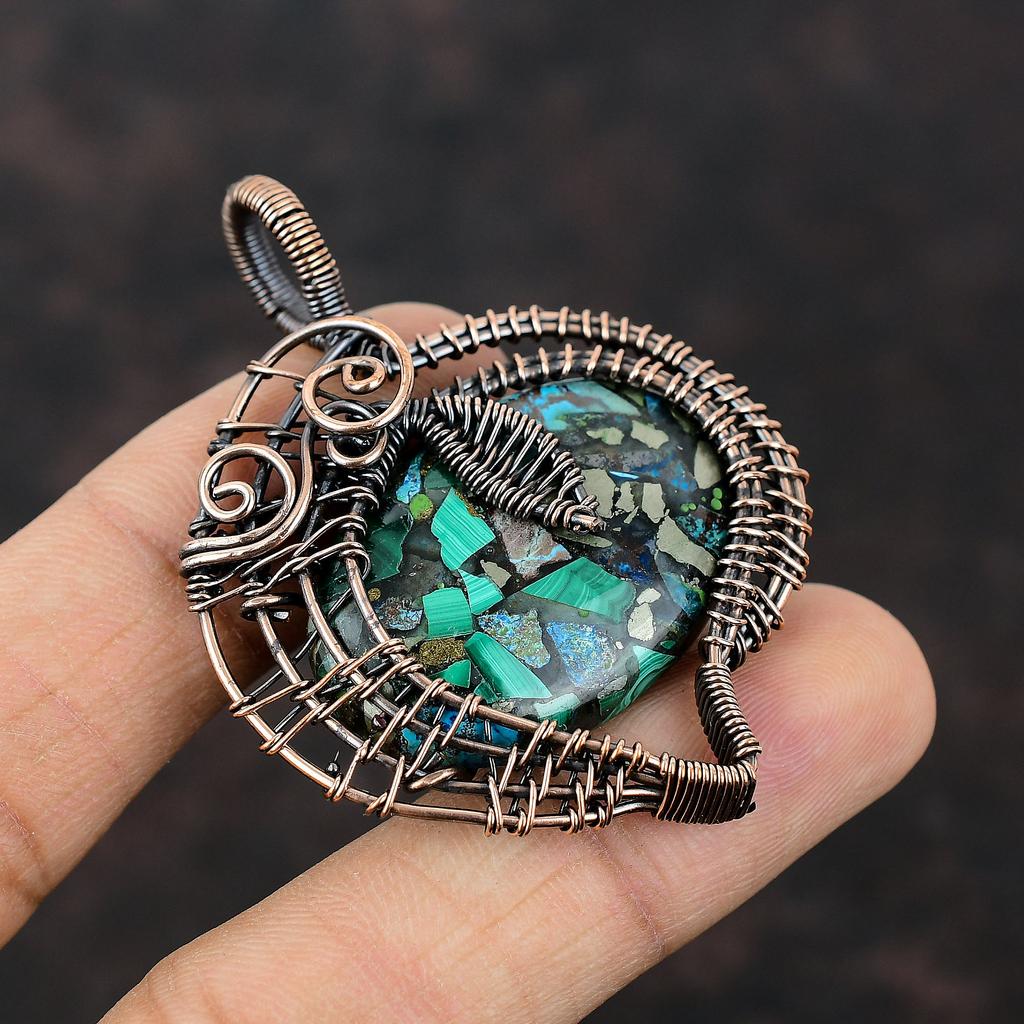 Copper Azurite Malachite Pendant Copper Wire Wrapped Pendant Copper Jewelry Handmade Gemstone Pendant Azurite Malachite Jewelry Gift For Her