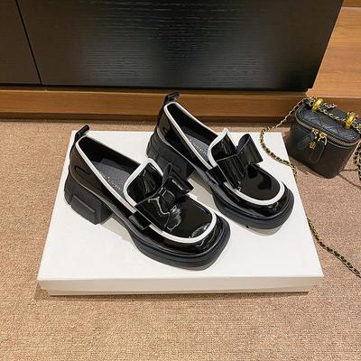 Новые лакированные черно-белые туфли, женские туфли в стиле ретро на толстой подошве, маленькие кожаные туфли в британском стиле, лоферы с бантом на массивном каблуке и квадратным носком