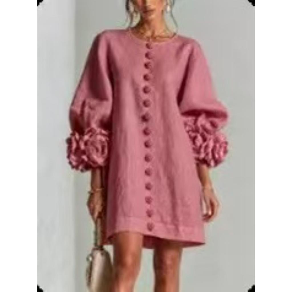 French Style 3D Floral Linen Cotton Mini Dress, O-neck Single Breasted Puff Sleeve Loose Tummy Covering Holiday Dress