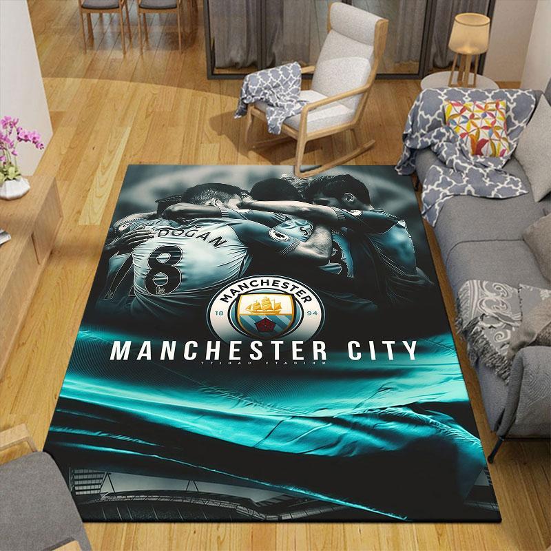 Man City Flannel Printed Carpet, Home Sofa Decoration for Living Room & Bedroom, Non‑Slip Play Flannel Floor Mat for Game Room