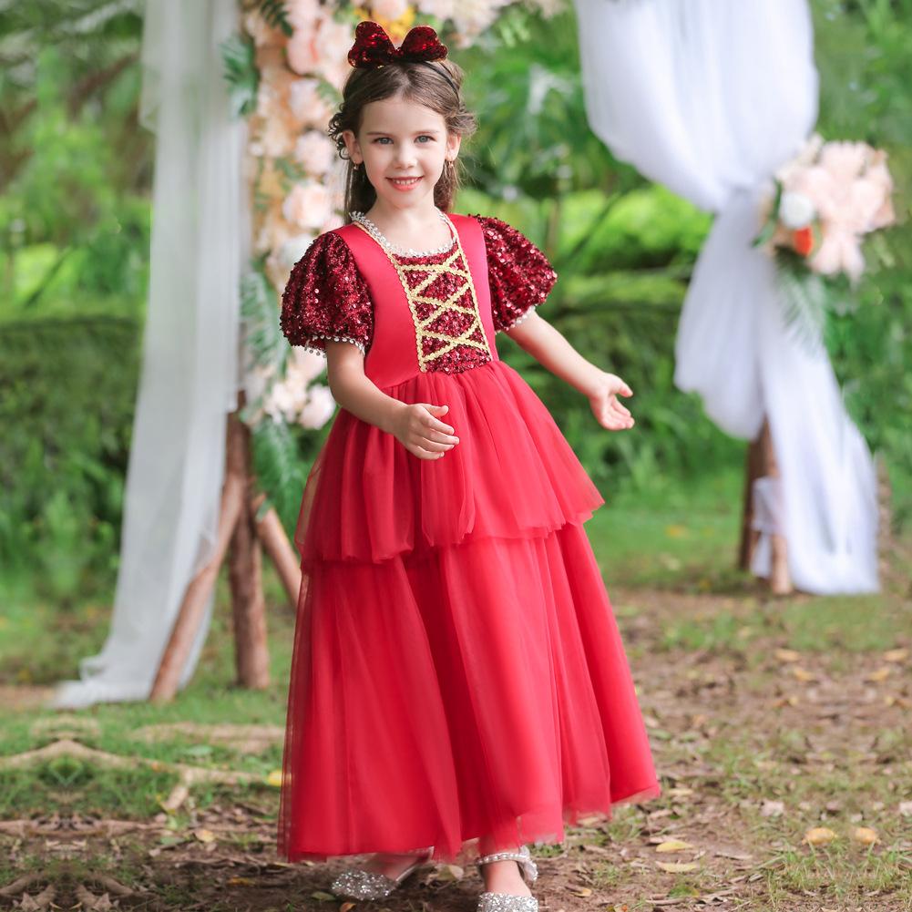 Платье принцессы для девочек, одежда для выступлений на фортепиано, сетчатое пончо для детей среднего и большого размера, вечерние рождественские платья с рукавами-фонариками, детская одежда