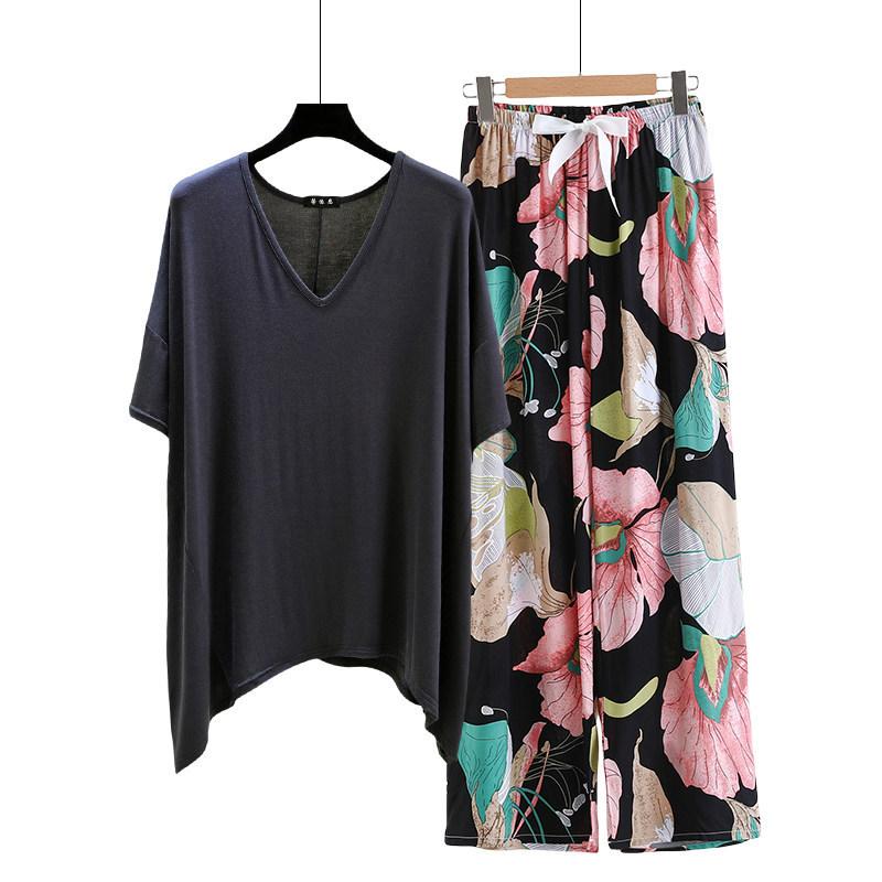 Необычная футболка и широкие брюки с цветочным принтом летние женские повседневные пижамные комплекты Костюм для дома с коротким рукавом Свободный легкий костюм для отдыха Большие размеры