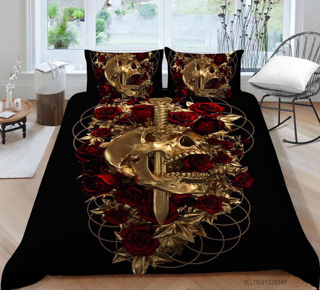 3D Black Skull Head Pattern Bedding Single Double Bed Full Size Special Skull Head Print Pillowcase and Quilt Cover 2 or 3 Comfortable Home Decoration