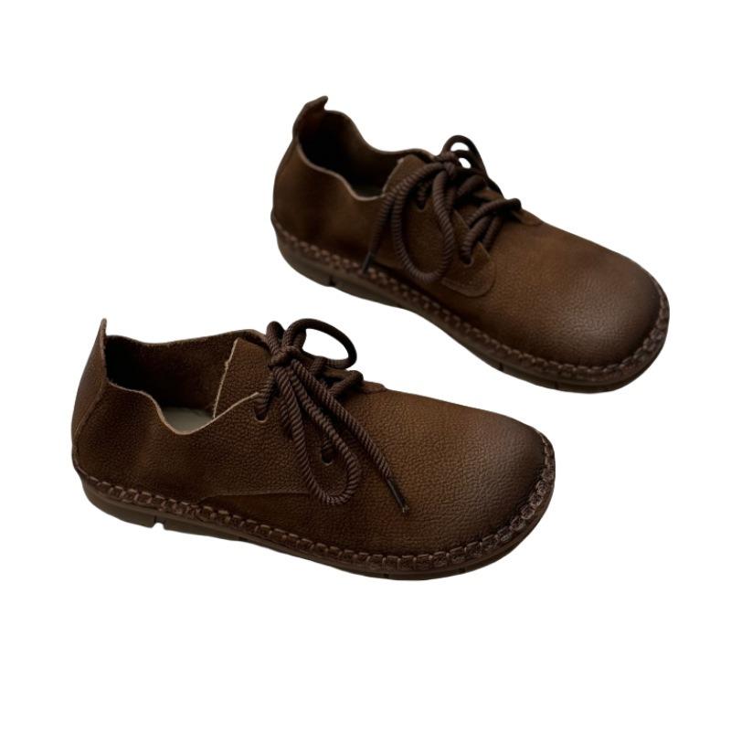 Ретро литературные кожаные туфли на шнуровке с плоской подошвой и круглым носком из мягкой коровьей кожи женские туфли Mori Ger