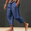 Men Cropped Pants Drawstring Elastic Waist Solid Color Loose Pockets Split Deep Crotch Soft Breathable Summer Vacation Beach