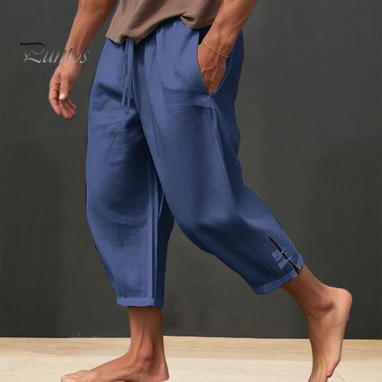 Men Cropped Pants Drawstring Elastic Waist Solid Color Loose Pockets Split Deep Crotch Soft Breathable Summer Vacation Beach