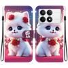 Handmade PU Leather Flip Case for Xiaomi Poco F6 Pro Anti-Slip Shockproof Cover with Wrist Strap & Heart/Rose Cat Designs