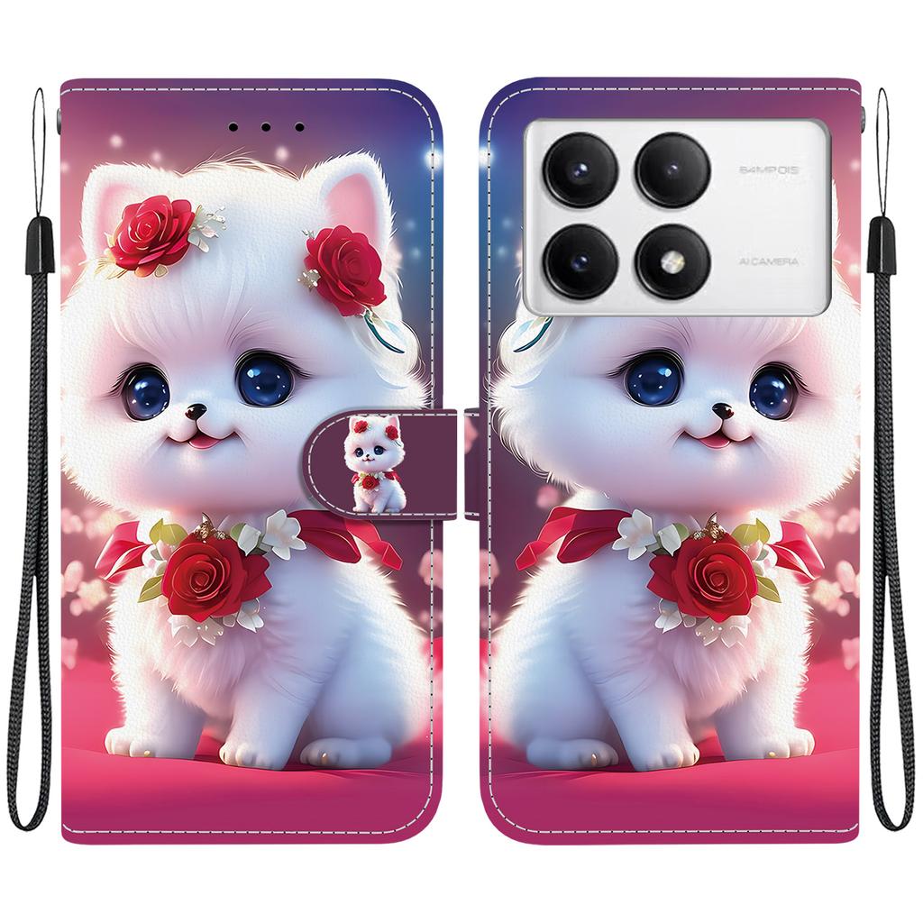 Handmade PU Leather Flip Case for Xiaomi Poco F6 Pro Anti-Slip Shockproof Cover with Wrist Strap & Heart/Rose Cat Designs