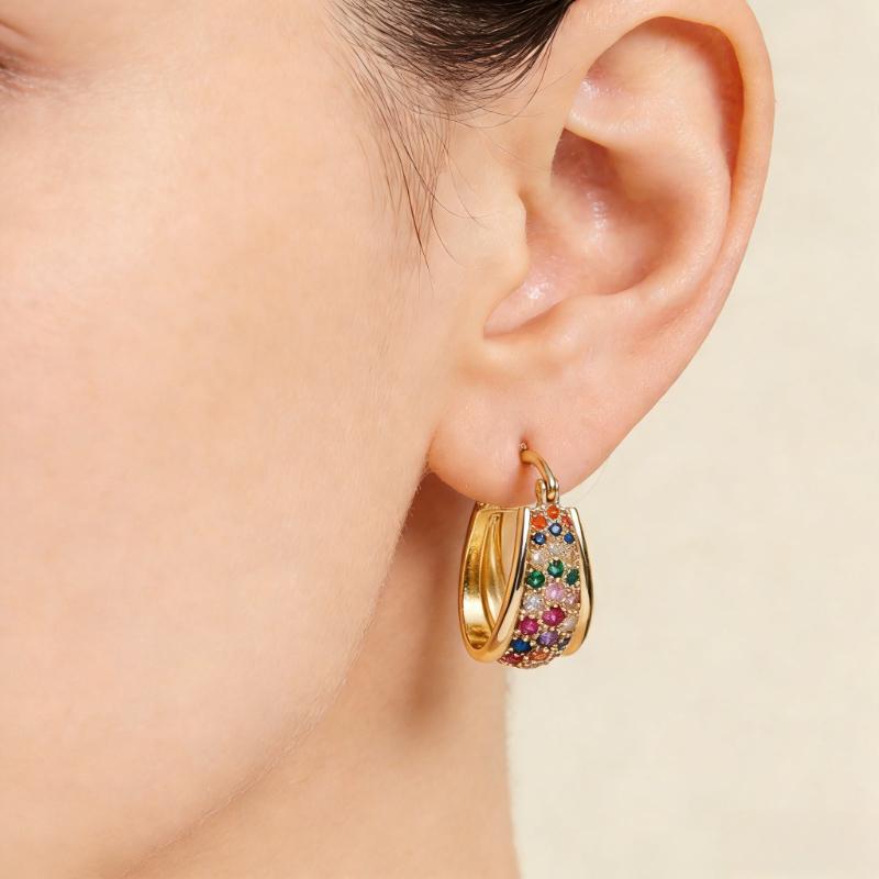 Нежные сверкающие серьги-кольца с золотым покрытием, инкрустированные цветными синтетическими циркониями, для женщин, банкетная свадебная бижутерия, ручная работа