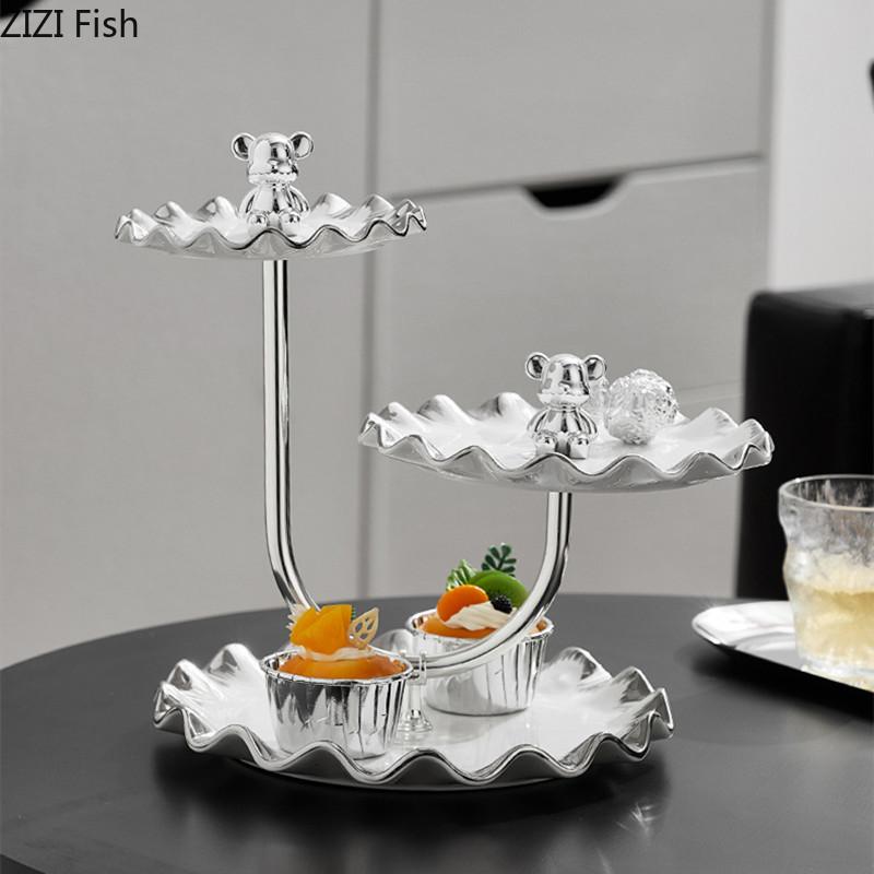 Трехслойная фруктовая тарелка с медвежонком, креативная тарелка для сладостей, закусок, десертов, свадебных тортов, стойка для показа на домашней кухне, керамическая посуда