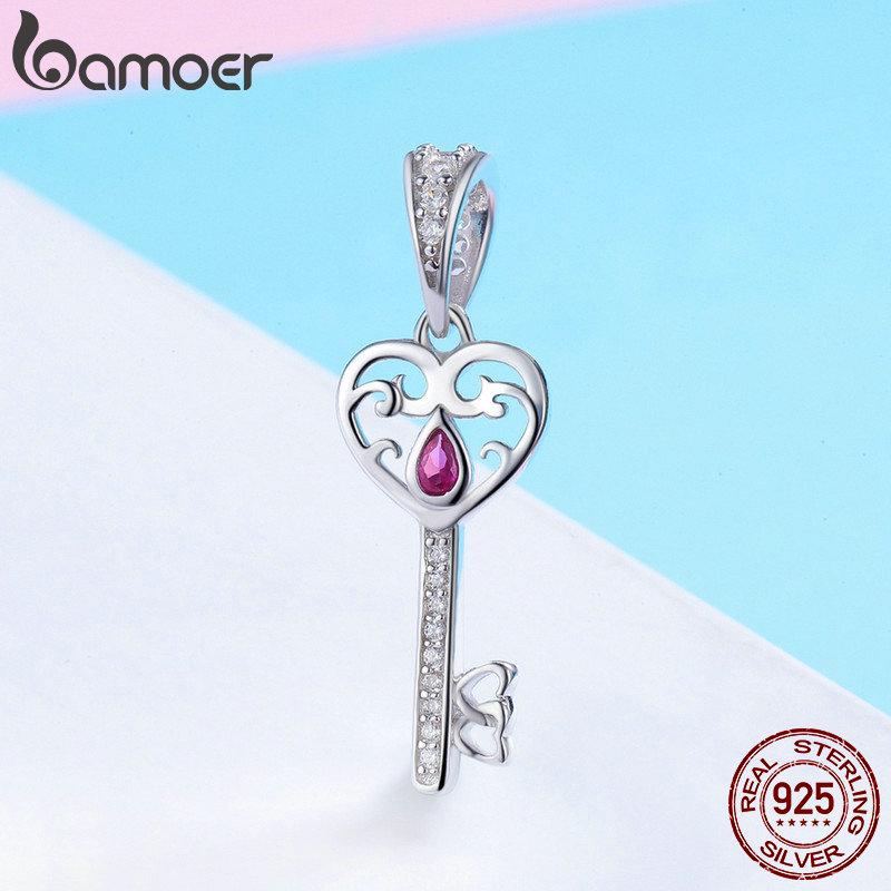 BAMOER 100% стерлинговое серебро 925 пробы счастье ключ кулон в форме сердца Шарм подходит для женщин браслеты