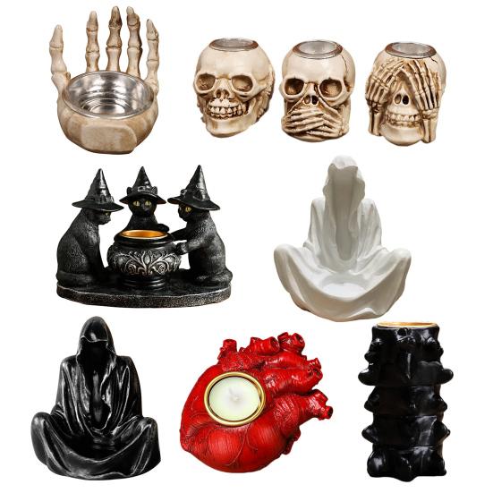 Yousheng Halloween Candle Holder Spooky Resin Grim Reaper Skeleton Human Organ Statue Tabletop Tea Light Holder for Home Office Kitchen Mantel Decor