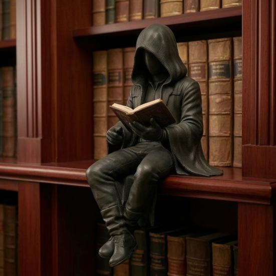 Статуя Мужчины в Мантии Читающего Готический Мистический Читающий Фигурка Фэнтези Черная Мантия Сидящая Скульптура для Хэллоуина Полки Книжной Стола Декор